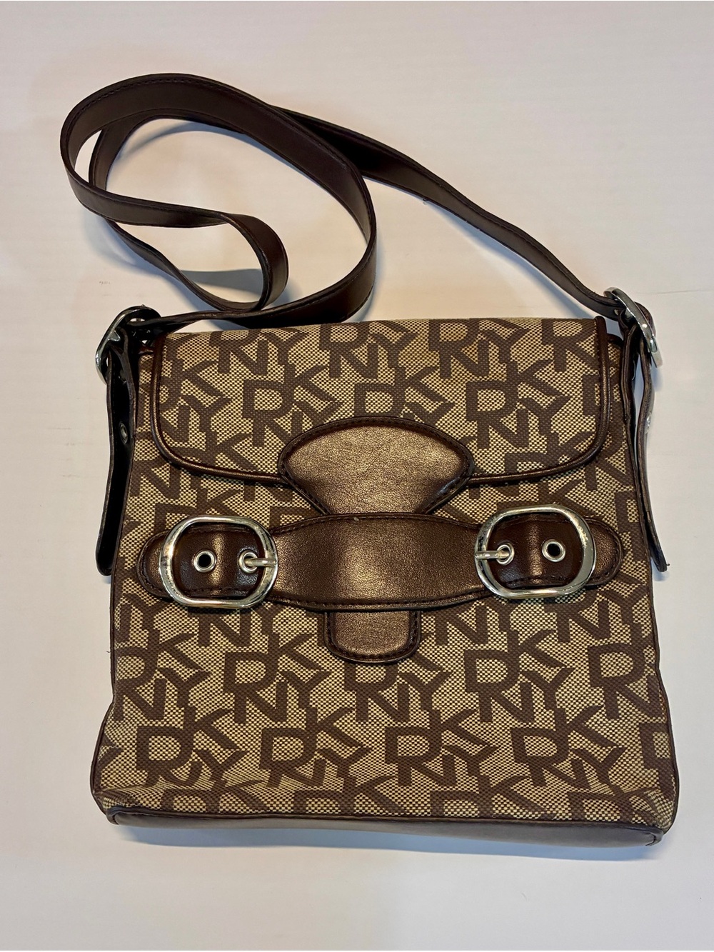 DKNY Brown Logo Jacquard Crossbody with Dark Brown Trim